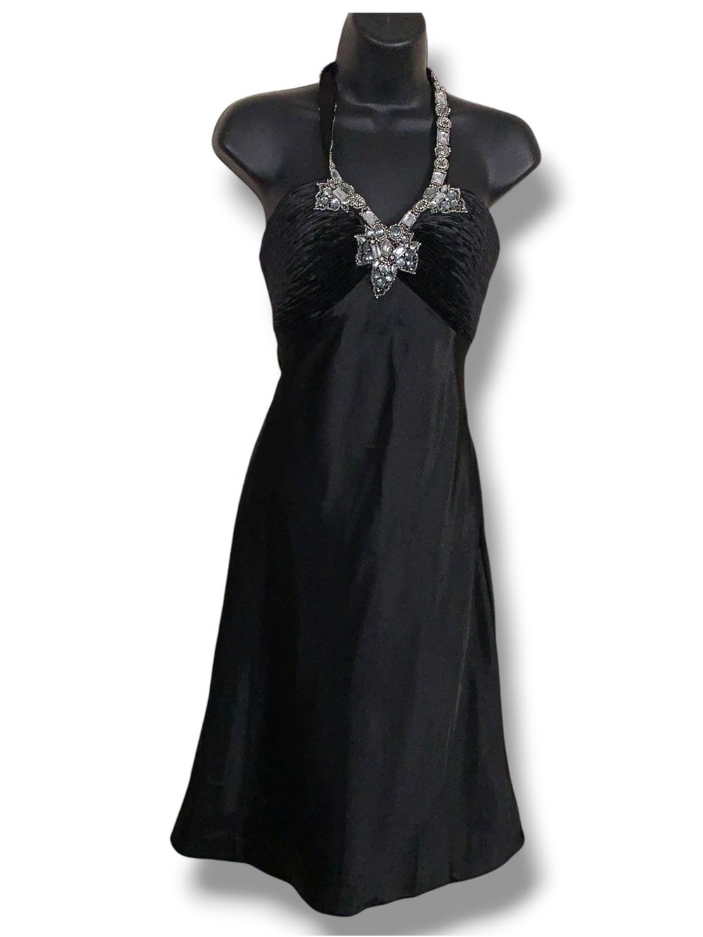 Y2K Size 3 4 Morgan And Co Formal Dress Black Satin Prom Gen Rhinestone Accent